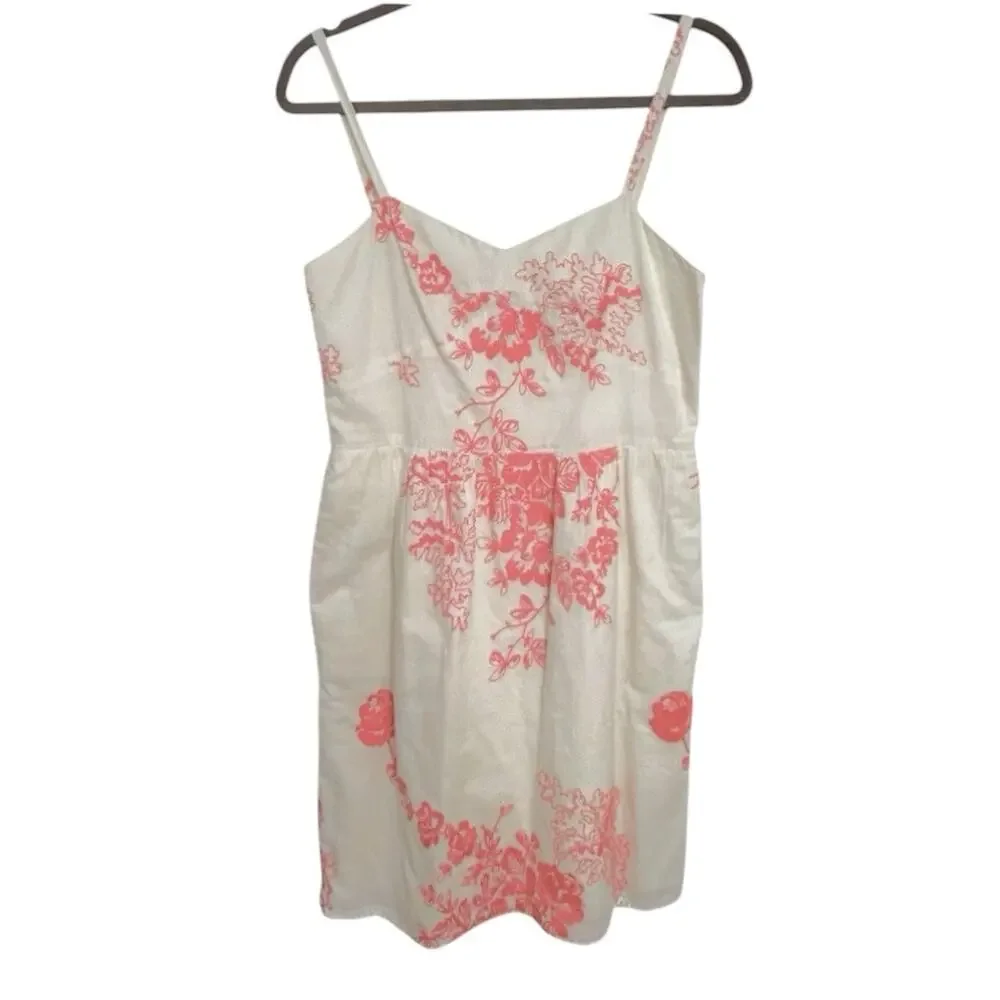 J. Crew Mirabel Mini Dress Women’s 6 Embroidered Floral Cream Coral Empire Waist - Picture 2 of 7